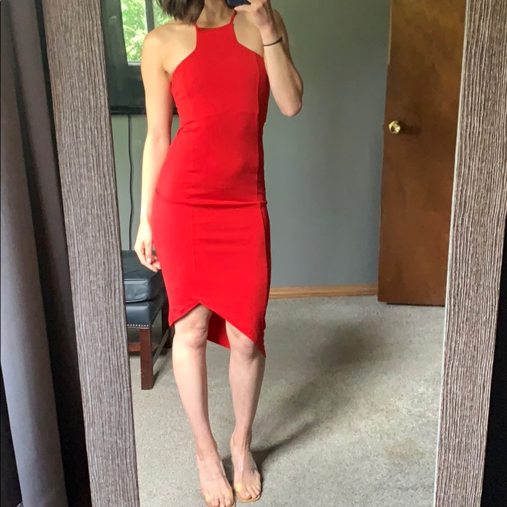 Red asymmetrical bodycon dress